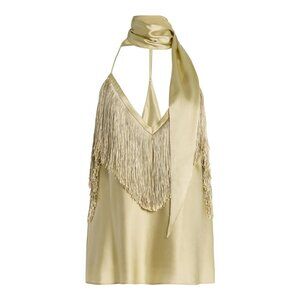 De La Vali, Sirocco Scarf-Neck Fringed Silk-Blend Satin Top | Size: 4